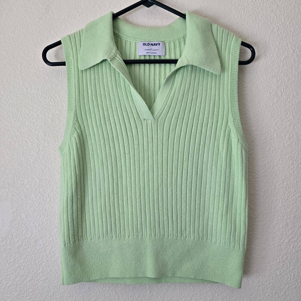 Womens Large Pastel Green Rib Knit Crop Polo Shirt Clueless Preppy Old Money Y2k